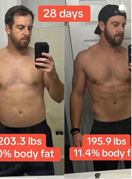 ThriveAxis client transformation — 203 lbs to 195 lbs in 28 days
