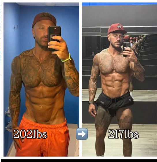 Kyle Holland ThriveAxis co-founder body recomposition transformation — 202 lbs to 217 lbs